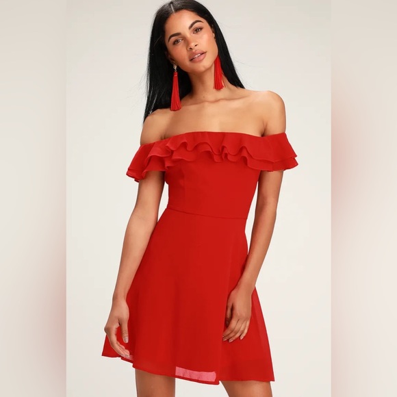 red homecoming dresses lulus Red Tulle Lace Off Shoulder Short Prom Dress, Red Homecoming Dress US 4 / Red main image 0